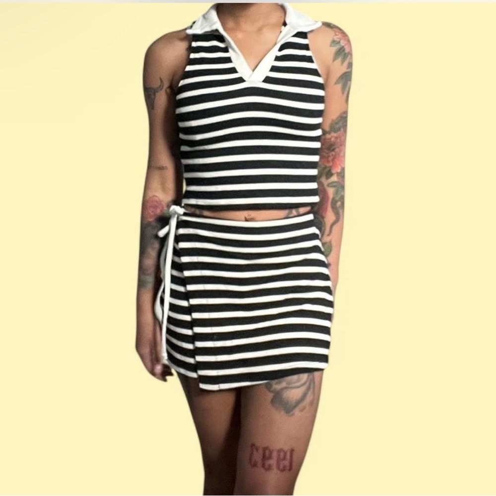 Kirious, Black and cream striped mini skort set